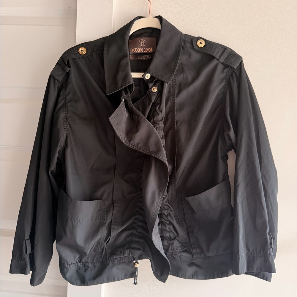 Roberto Cavalli Black Utility Jacket with Gold Buttons